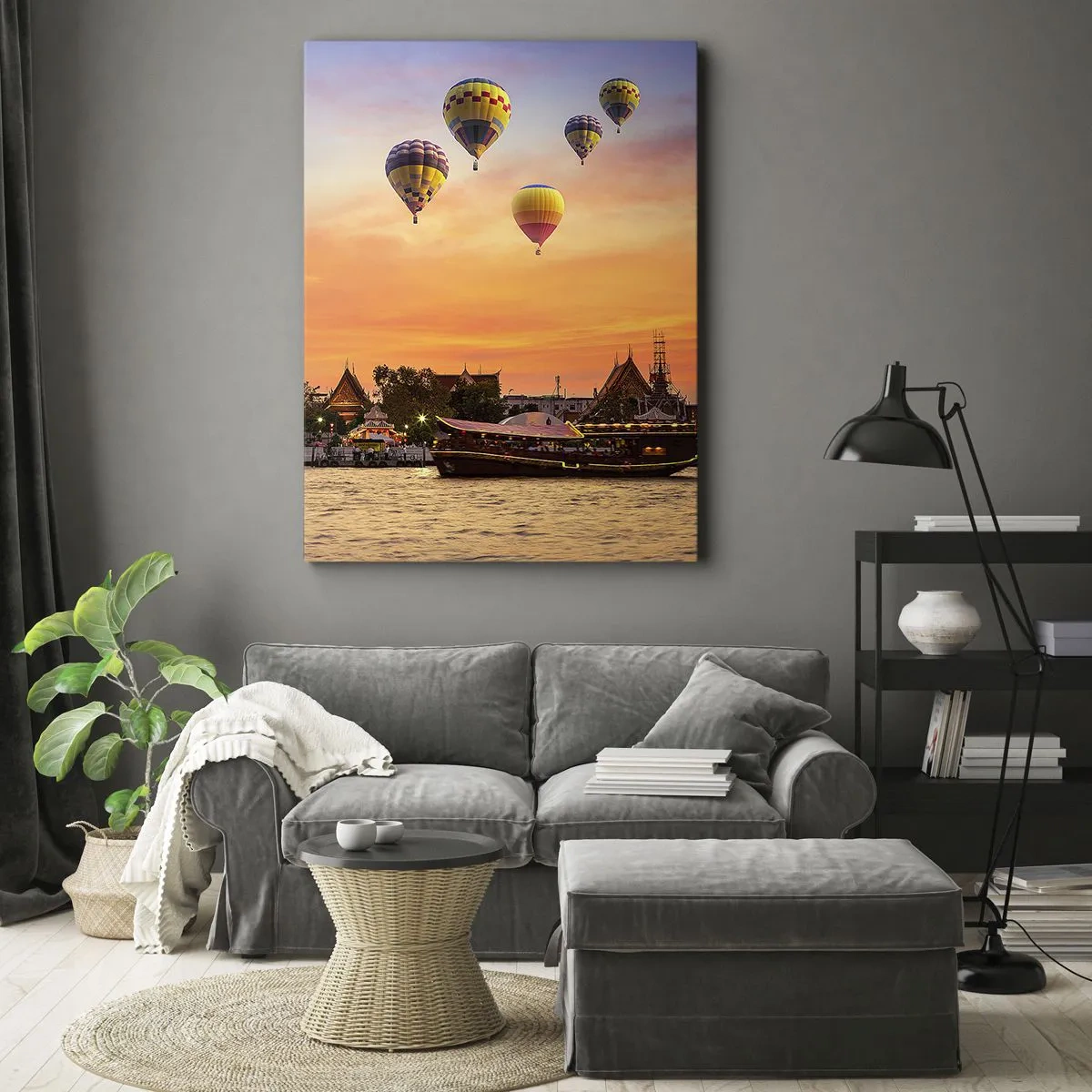 Cuadro sobre lienzo - Impresión de Imagen - Un templo y globos con el sol poniente sobre el río como telón de fondo. - 80x120cm - Aquí es donde nacen los cuentos de hadas - Decoración de pared moderna para salón y dormitorio ARTTOR