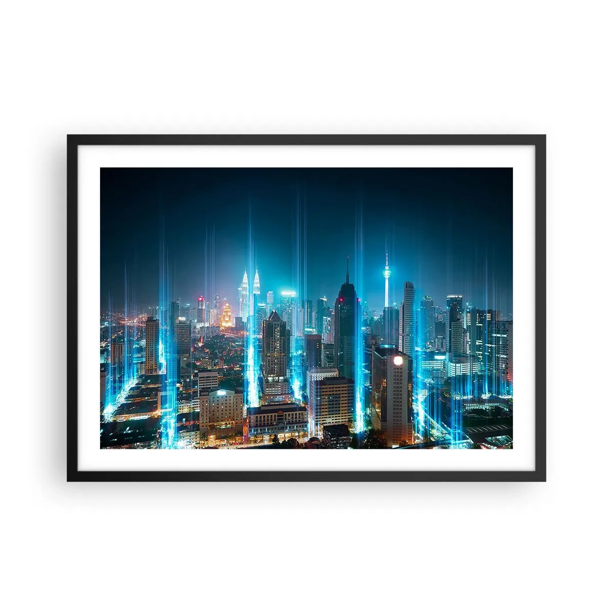 Póster en marco negro - Una ciudad moderna de noche con acentos de iluminación futuristas. - 70x50cm - De Berlín al cielo - Decoración de pared moderna para salón y dormitorio ARTTOR