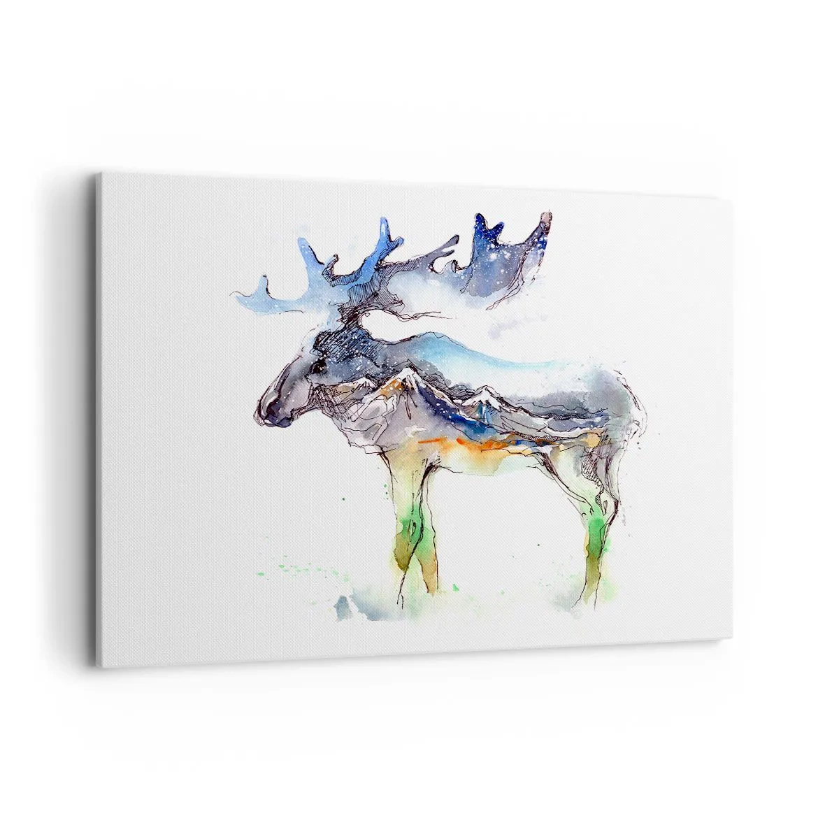 Cuadro sobre lienzo - Impresión de Imagen - Silueta de acuarela de un alce con un paisaje montañoso. - 100x70cm - El héroe de un cuento de invierno - Decoración de pared moderna para salón y dormitorio ARTTOR