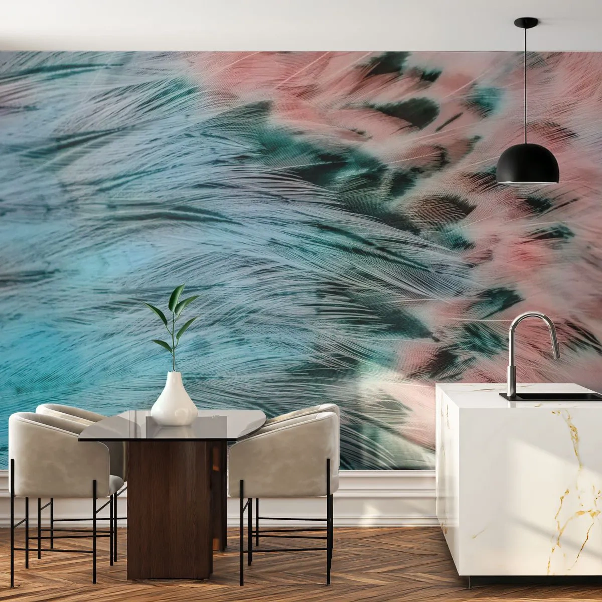 Fotomural Premium Sand - Primer plano de plumas de color pastel con un acento de patrón. - 100x70cm - Suavidad rosa zafiro - Decoración de pared moderna para salón y dormitorio ARTTOR