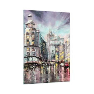 Cuadro sobre vidrio - Impresiones sobre Vidrio - Una calle de la ciudad bajo la lluvia con un espectacular reflejo de las luces. - 50x70cm - Va a ser una buena noche - Decoración de pared moderna para salón y dormitorio ARTTOR