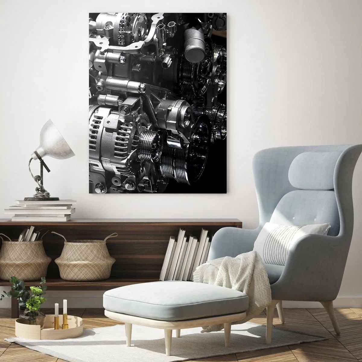 Cuadro sobre vidrio - Impresiones sobre Vidrio - Primer plano de piezas metálicas del motor sobre un fondo negro - 80x120cm - Acero, hermoso, fuerte - Decoración de pared moderna para salón y dormitorio ARTTOR