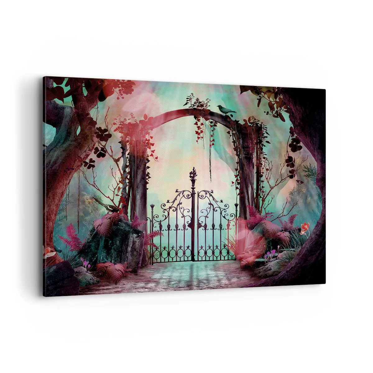 Cuadro sobre lienzo - Impresión de Imagen - Una entrada mágica con una puerta de hierro forjado rodeada de vegetación misteriosa. - 100x70cm - Jardín secreto - Decoración de pared moderna para salón y dormitorio ARTTOR