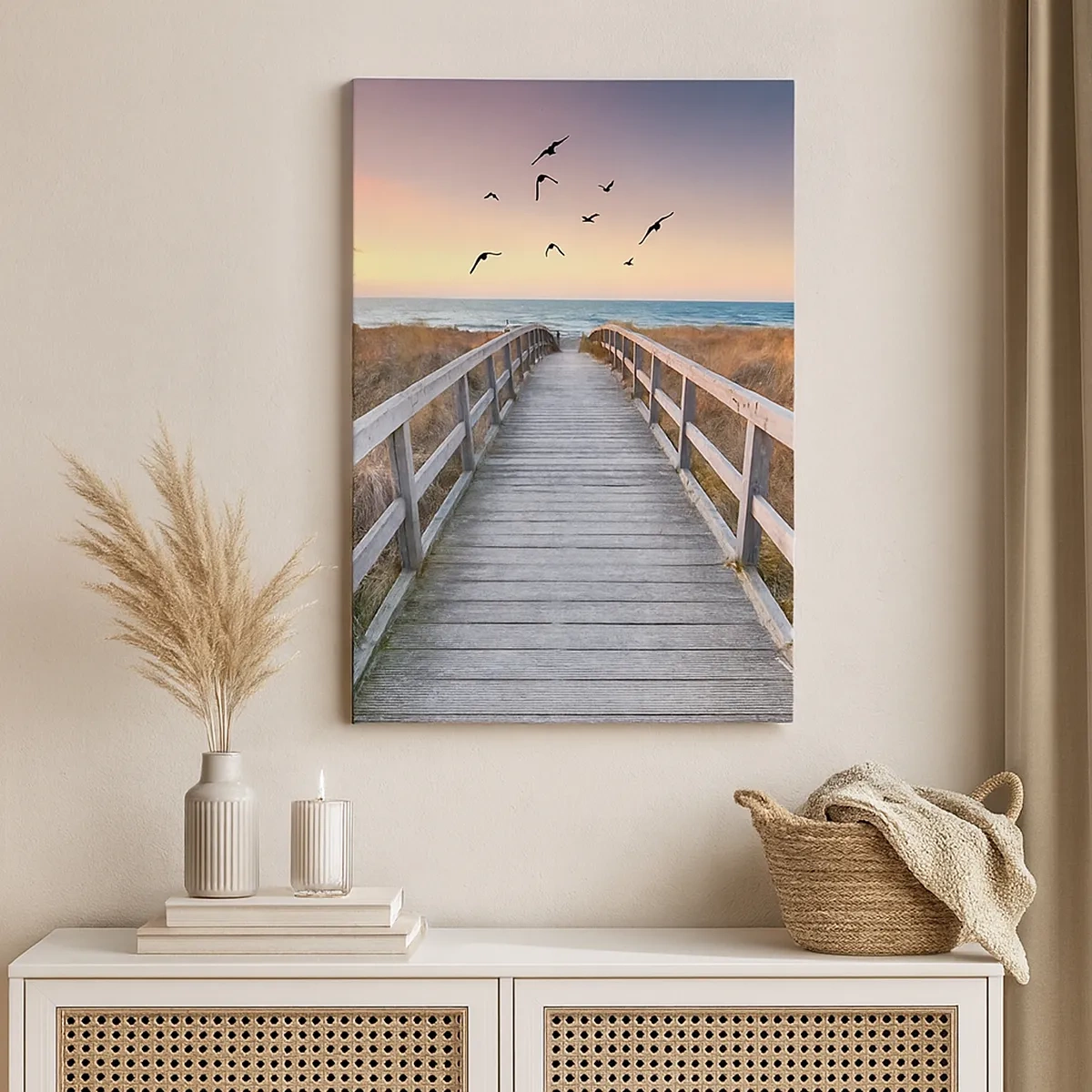 Cuadro sobre lienzo - Impresión de Imagen - Muelle de madera que conduce a la playa al atardecer - 50x70cm - Camino a lo desconocido - Decoración de pared moderna para salón y dormitorio ARTTOR