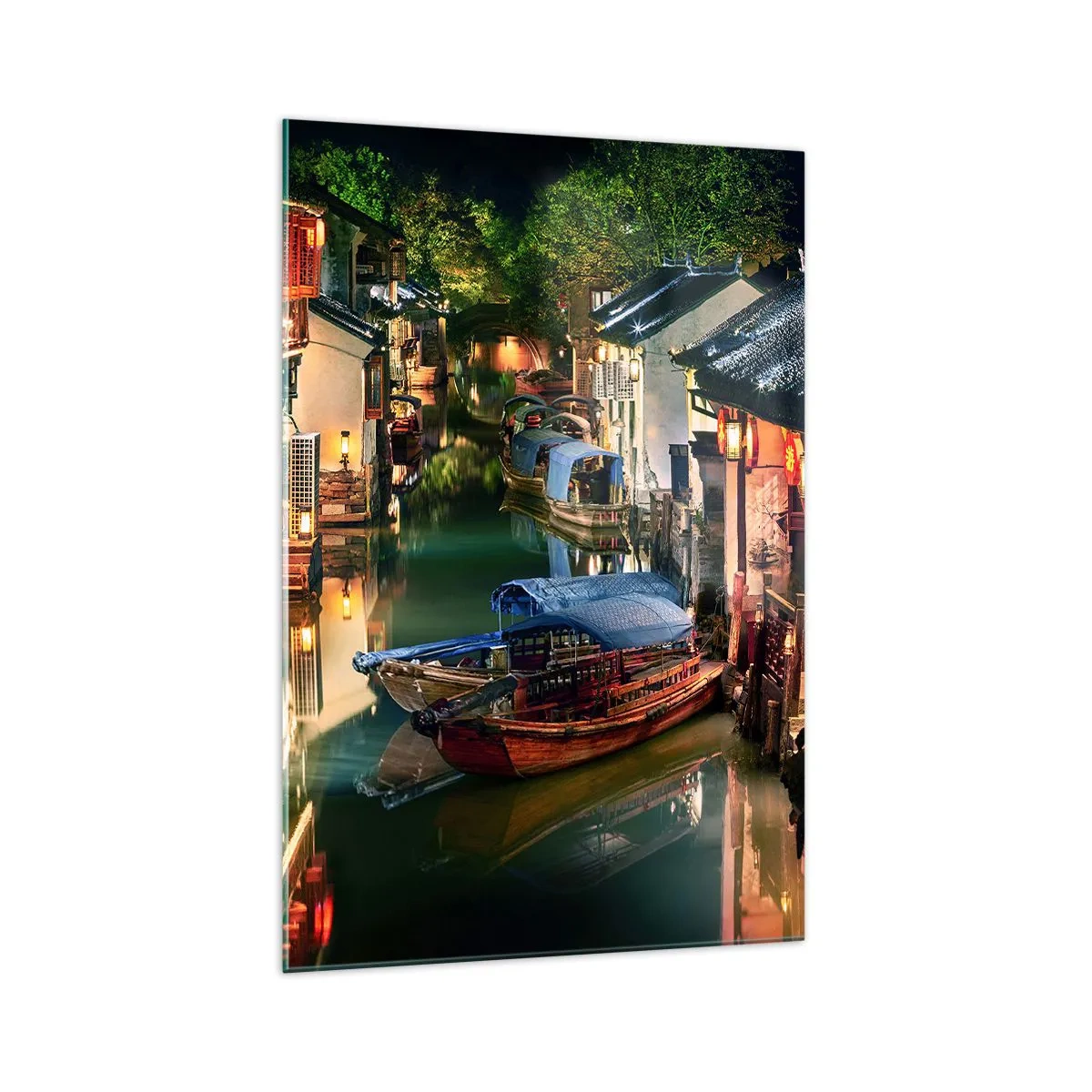Cuadro sobre vidrio - Impresiones sobre Vidrio - Vista nocturna de los canales con barcos y casas tradicionales. - 70x100cm - Noche en una calle china - Decoración de pared moderna para salón y dormitorio ARTTOR