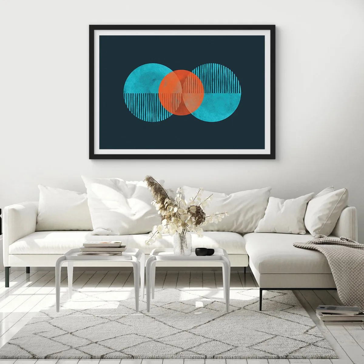 Póster en marco negro - Círculos geométricos en tonos azules y naranjas. - 70x50cm - Composición simétrica - Decoración de pared moderna para salón y dormitorio ARTTOR