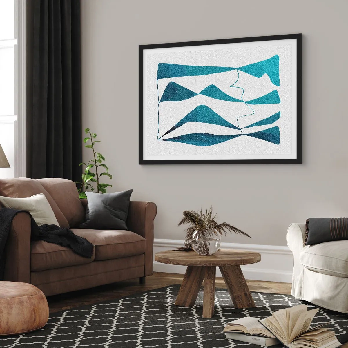 Póster en marco negro - Formas abstractas en tonos azules sobre un fondo blanco. - 70x50cm - Abstracción: un compuesto turquesa - Decoración de pared moderna para salón y dormitorio ARTTOR
