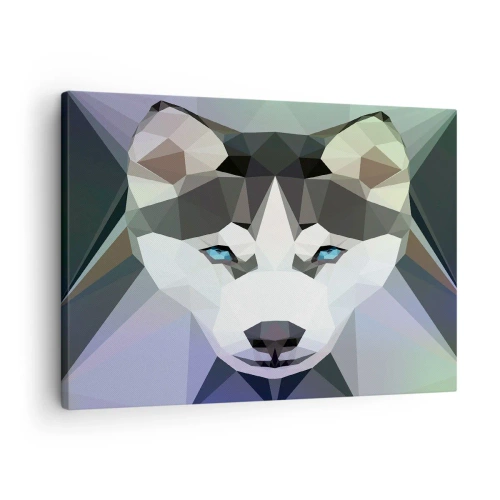 Cuadro sobre lienzo - Impresión de Imagen - Lobo geométrico con expresivos ojos azules. - 70x50cm - El recuerdo de las nieves del norte - Decoración de pared moderna para salón y dormitorio ARTTOR