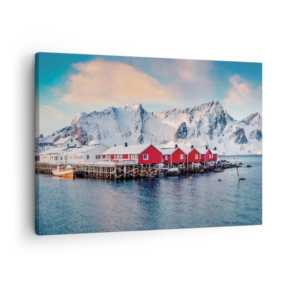 Cuadro sobre lienzo - Impresión de Imagen - Casas rojas con el telón de fondo de montañas nevadas y el mar azul. - 70x50cm - Un retiro en el norte - Decoración de pared moderna para salón y dormitorio ARTTOR