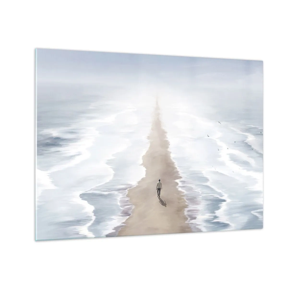 Cuadro sobre vidrio - Impresiones sobre Vidrio - Una figura caminando sola hacia el horizonte entre las olas. - 70x50cm - Un futuro brillante - Decoración de pared moderna para salón y dormitorio ARTTOR