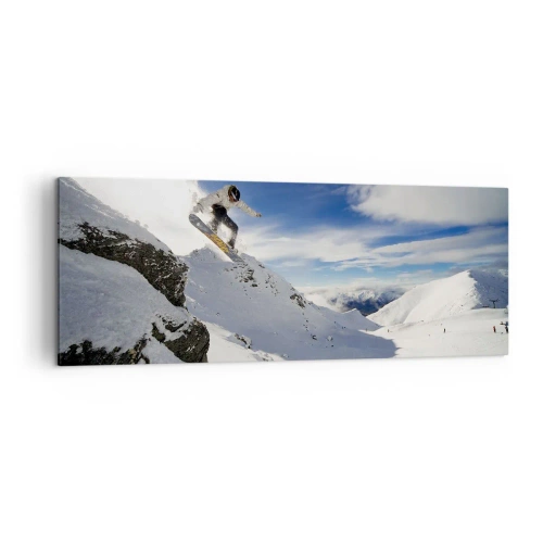 Cuadro sobre lienzo - Impresión de Imagen - Un snowboarder salta desde un acantilado con montañas cubiertas de nieve al fondo. - 140x50cm - Libertad sin fronteras - Decoración de pared moderna para salón y dormitorio ARTTOR