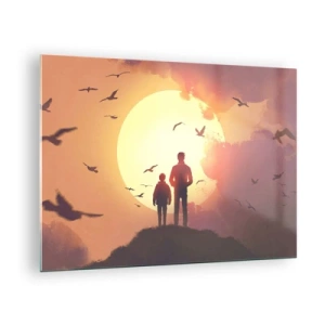Cuadro sobre vidrio - Impresiones sobre Vidrio - Figuras de un padre y un hijo de pie contra el fondo del sol poniente y pájaros volando. - 70x50cm - Cara a cara con el sol - Decoración de pared moderna para salón y dormitorio ARTTOR