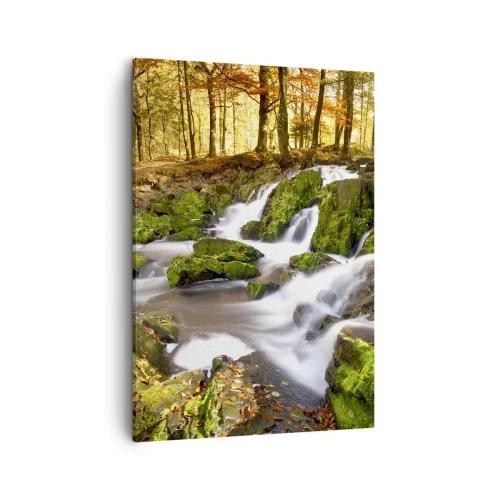 Cuadro sobre lienzo - Impresión de Imagen - Un paisaje boscoso con una cascada rodeada de musgo. - 50x70cm - Atravesando el bosque otoñal - Decoración de pared moderna para salón y dormitorio ARTTOR