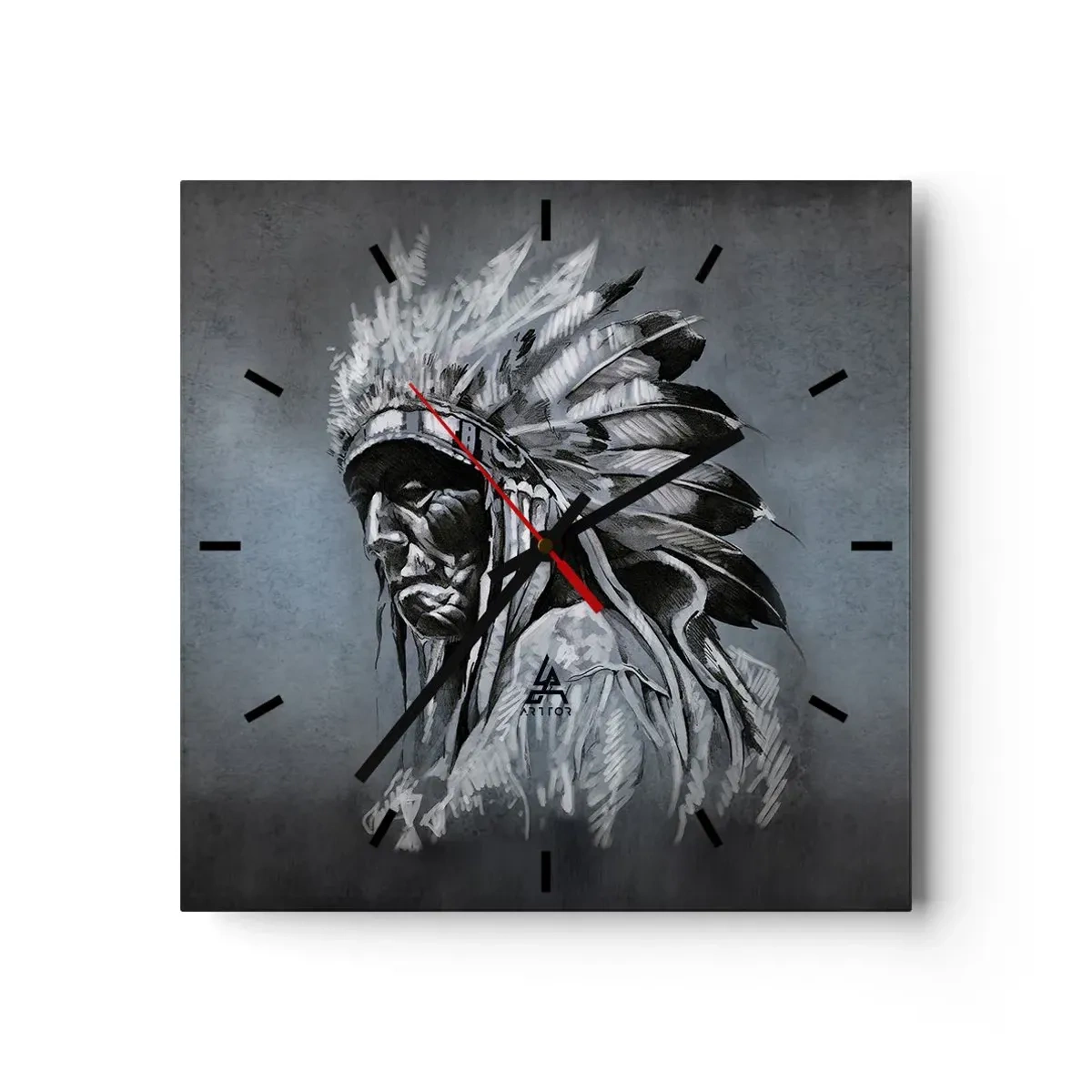 Reloj de pared - Reloj de vidrio - Retrato de un jefe indio con un tocado tradicional - 30x30cm - Regreso a las raíces - Decoración de pared moderna para salón y dormitorio ARTTOR