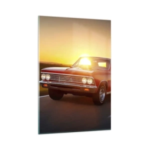 Cuadro sobre vidrio - Impresiones sobre Vidrio - Un coche rojo al atardecer en una carretera abierta. - 80x120cm - El deseo es rojo - Decoración de pared moderna para salón y dormitorio ARTTOR