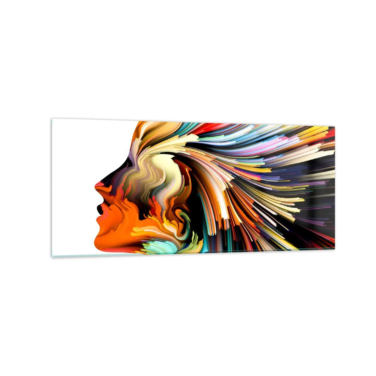 Cuadro sobre vidrio - Impresiones sobre Vidrio - Perfil de rostro abstracto con líneas dinámicas coloridas. - 120x50cm - La explosión de la imaginación - Decoración de pared moderna para salón y dormitorio ARTTOR