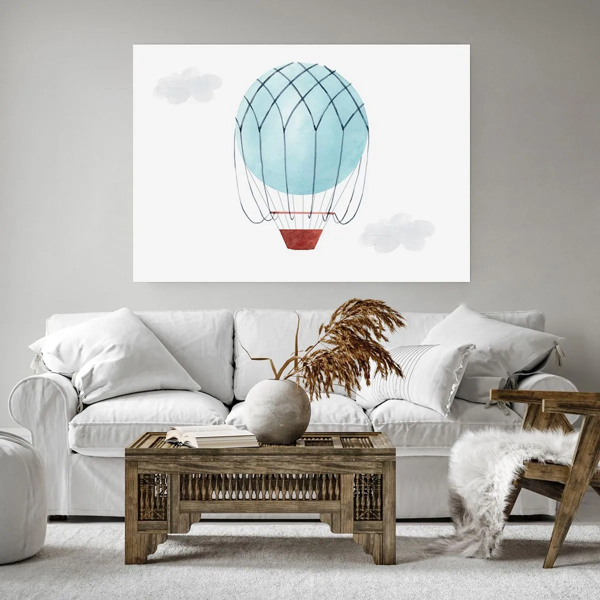 Póster - Un globo pintado a mano sobre un fondo de delicadas nubes. - 100x70cm - Acariciando las nubes - Decoración de pared moderna para salón y dormitorio ARTTOR