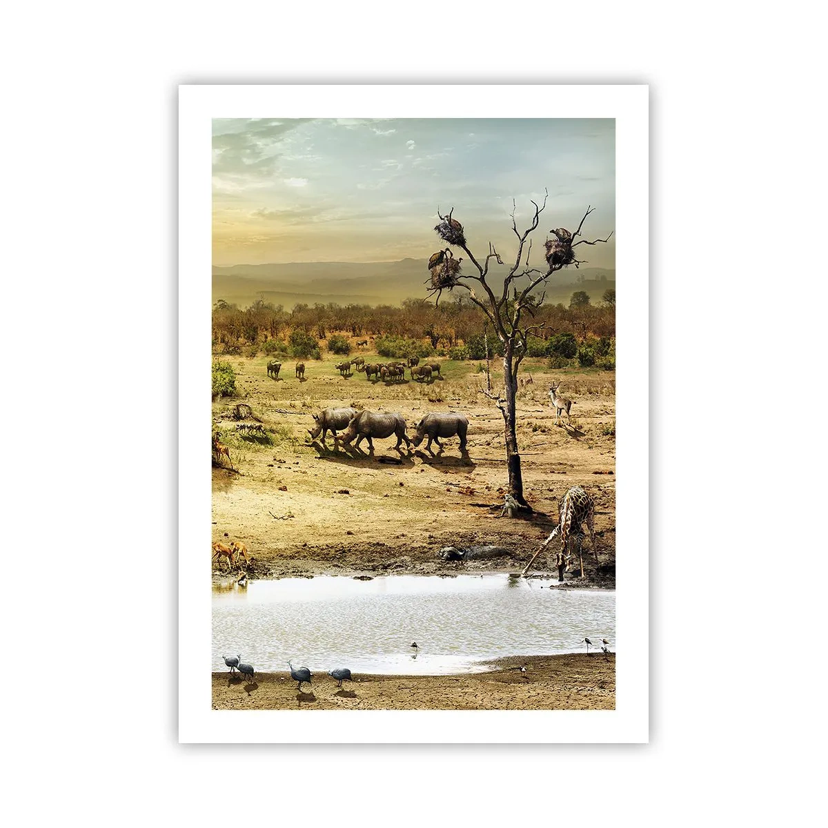 Póster - Sabana con rinocerontes y un abrevadero - 50x70cm - Y del Edén fluyó un río... - Decoración de pared moderna para salón y dormitorio ARTTOR
