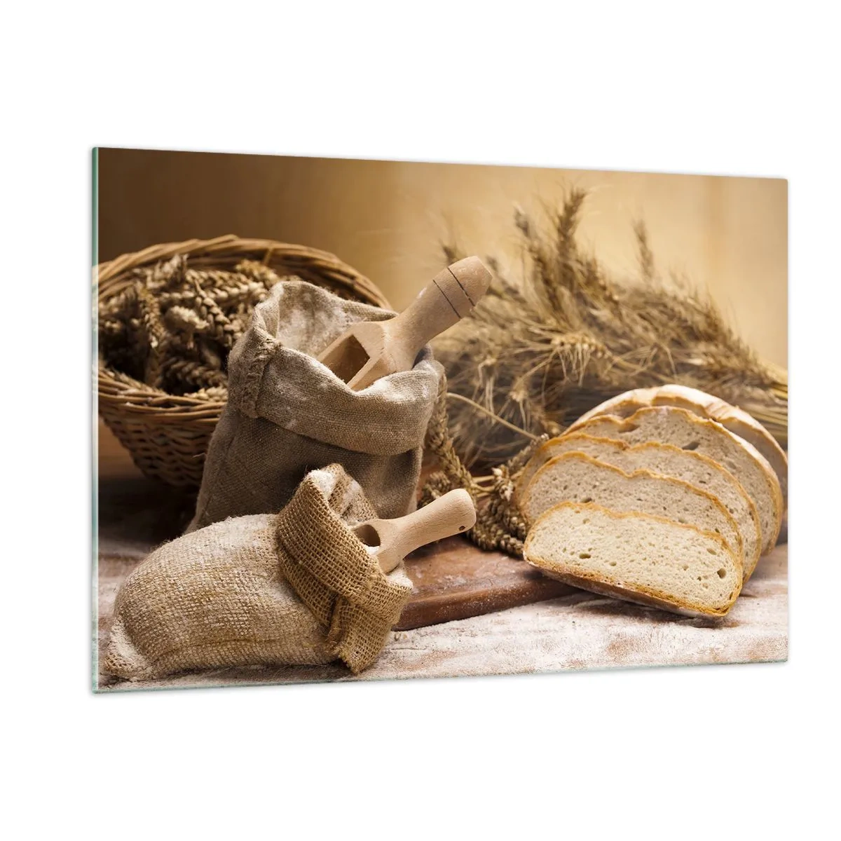 Cuadro sobre vidrio - Impresiones sobre Vidrio - Pan, harina y espigas de trigo al estilo rústico - 120x80cm - Corte perfecto - Decoración de pared moderna para salón y dormitorio ARTTOR