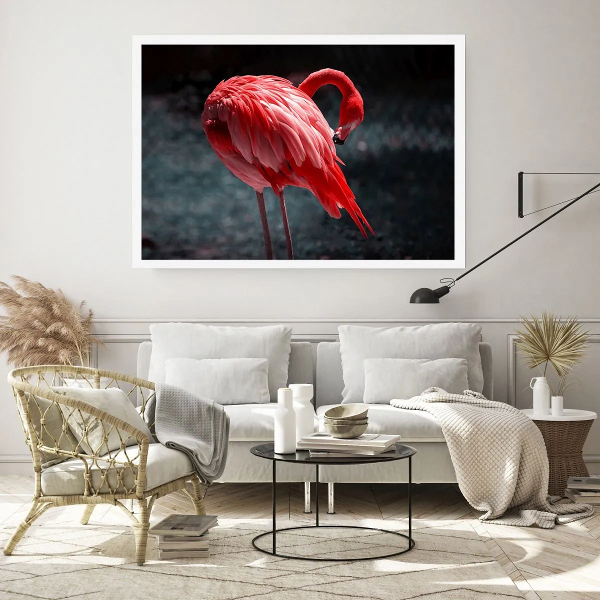 Póster - Un flamenco rosa sobre un fondo verde oscuro. - 100x70cm - Un poema carmesí de la naturaleza - Decoración de pared moderna para salón y dormitorio ARTTOR