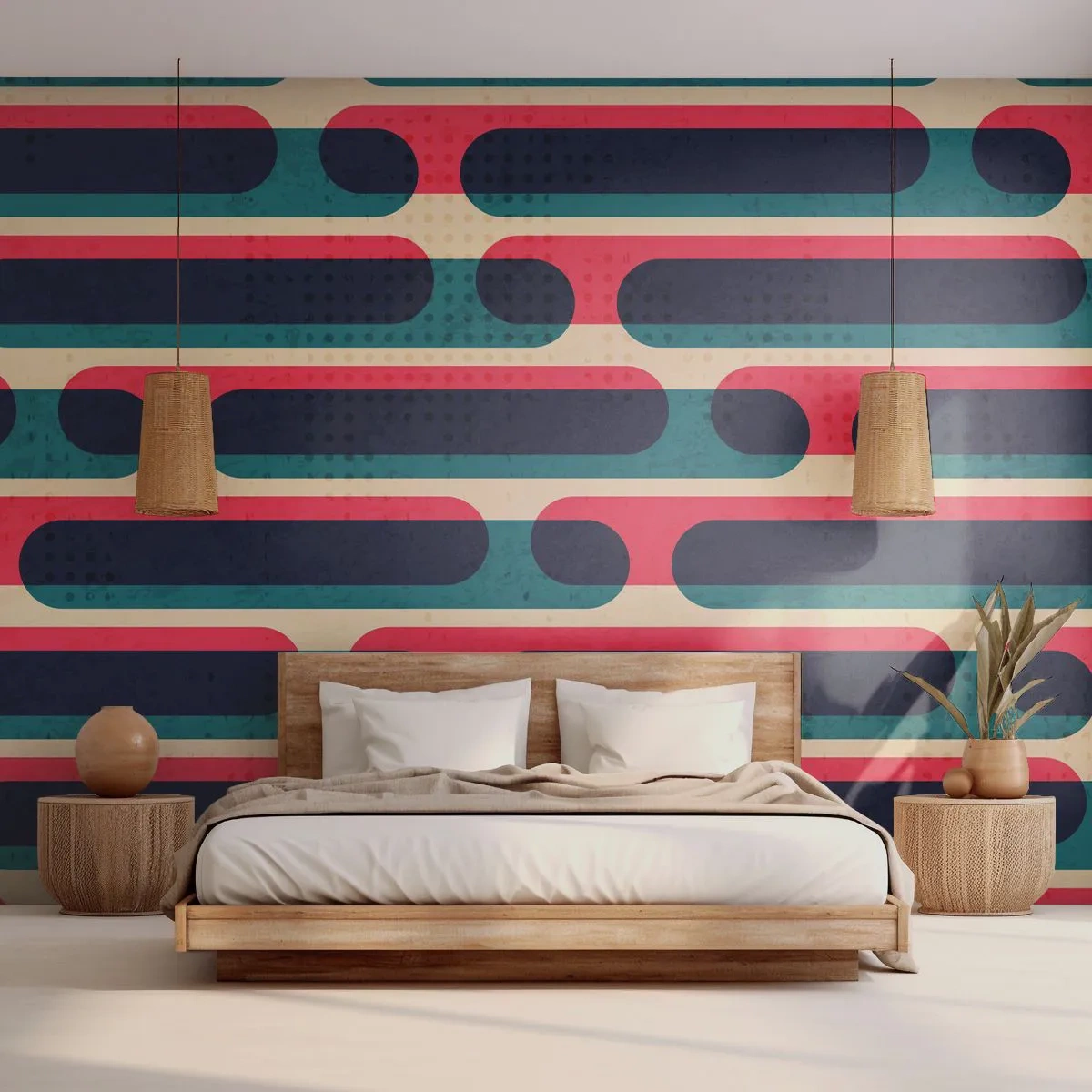 Fotomural Premium Sand - Patrón geométrico retro en rojo, azul marino y beige. - 100x70cm - Profundidad y relieve - Decoración de pared moderna para salón y dormitorio ARTTOR
