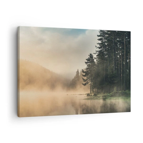 Cuadro sobre lienzo - Impresión de Imagen - Un bosque brumoso sobre un lago tranquilo. - 70x50cm - El nacimiento de un día - Decoración de pared moderna para salón y dormitorio ARTTOR