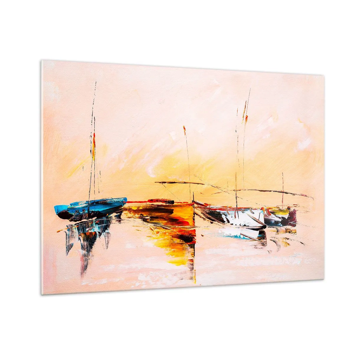 Cuadro sobre vidrio - Impresiones sobre Vidrio - Barcos coloridos amarrados contra un fondo de puesta de sol impresionista - 100x70cm - Atardecer en el puerto deportivo - Decoración de pared moderna para salón y dormitorio ARTTOR