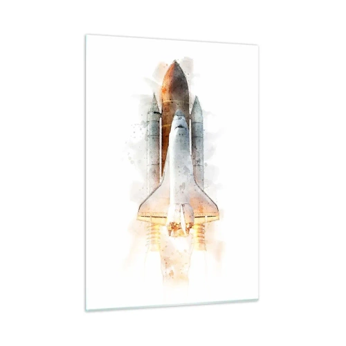 Cuadro sobre vidrio - Impresiones sobre Vidrio - Un transbordador espacial despegando en estilo acuarela sobre un fondo blanco. - 50x70cm - El comienzo de la exploración - Decoración de pared moderna para salón y dormitorio ARTTOR