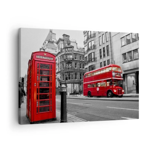 Cuadro sobre lienzo - Impresión de Imagen - Una cabina telefónica roja y un autobús de dos pisos en Londres con la ciudad al fondo. - 70x50cm - El más rojo de Europa - Decoración de pared moderna para salón y dormitorio ARTTOR