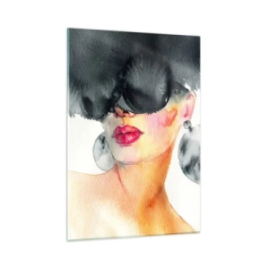 Cuadro sobre vidrio - Impresiones sobre Vidrio - Retrato de una mujer con grandes pendientes y una mancha negra sobre la cabeza. - 50x70cm - El secreto de la elegancia - Decoración de pared moderna para salón y dormitorio ARTTOR