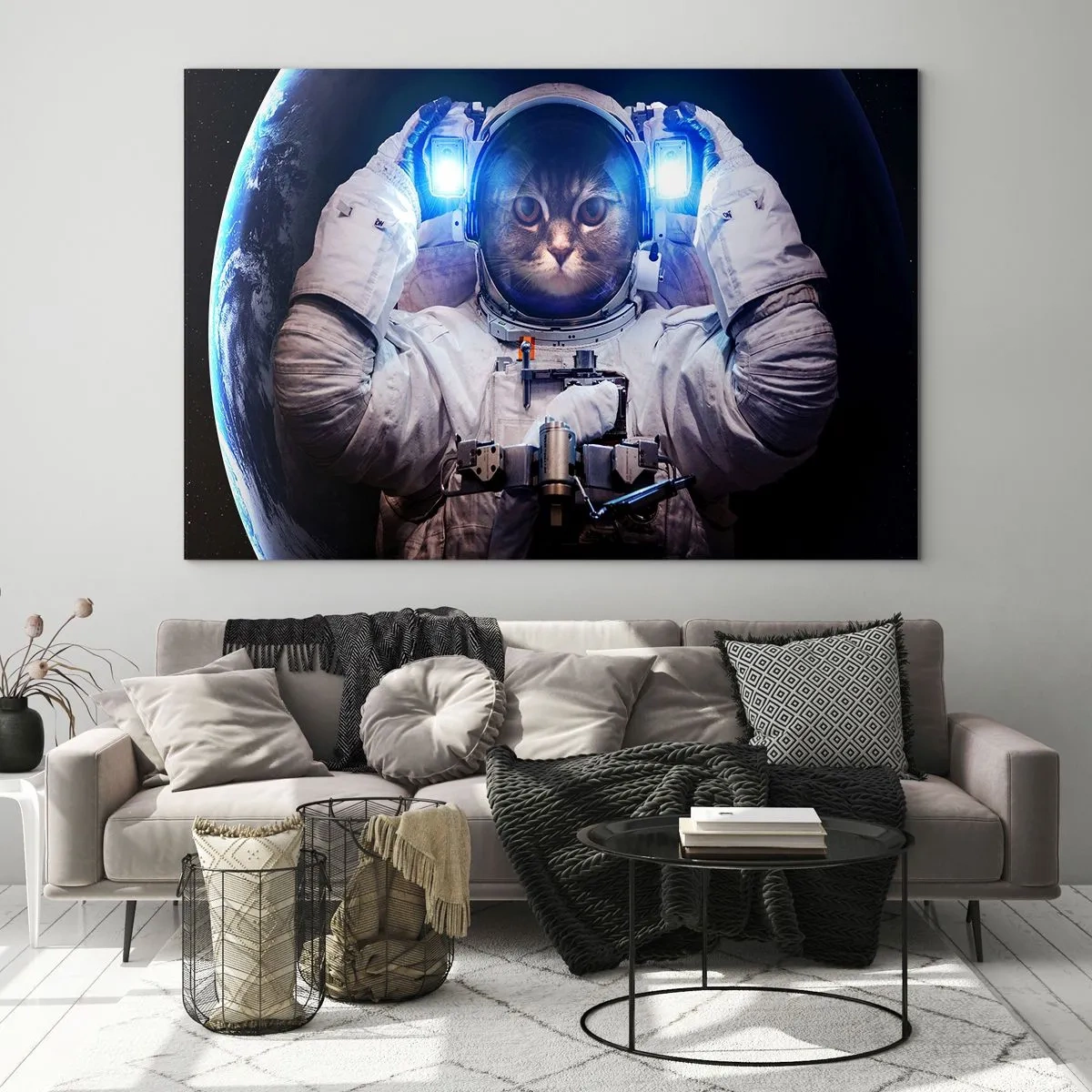 Cuadro sobre vidrio - Impresiones sobre Vidrio - Un cosmonauta con cabeza de gato en el espacio - 70x50cm - Houston, tienes un problema. - Decoración de pared moderna para salón y dormitorio ARTTOR