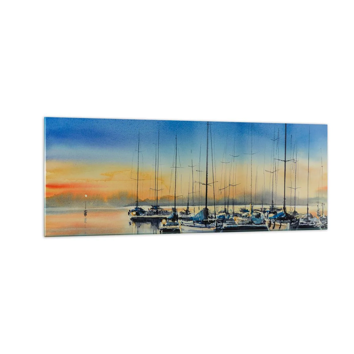 Cuadro sobre vidrio - Impresiones sobre Vidrio - Puerto de yates al atardecer con reflejos en el agua - 140x50cm - El final de un buen día - Decoración de pared moderna para salón y dormitorio ARTTOR