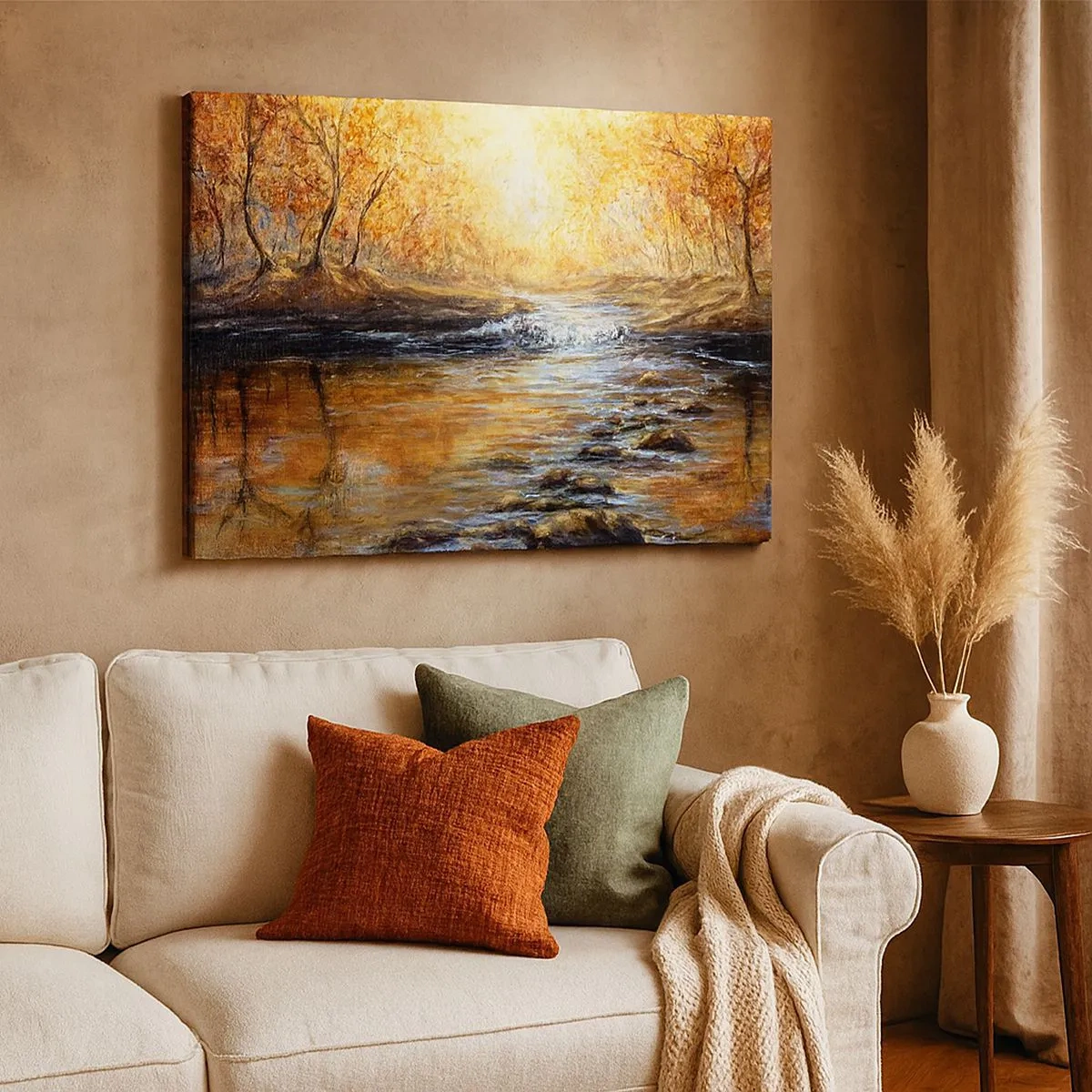 Cuadro sobre lienzo - Impresión de Imagen - Paisaje otoñal con un río entre los árboles. - 70x50cm - Arroyo de oro - Decoración de pared moderna para salón y dormitorio ARTTOR