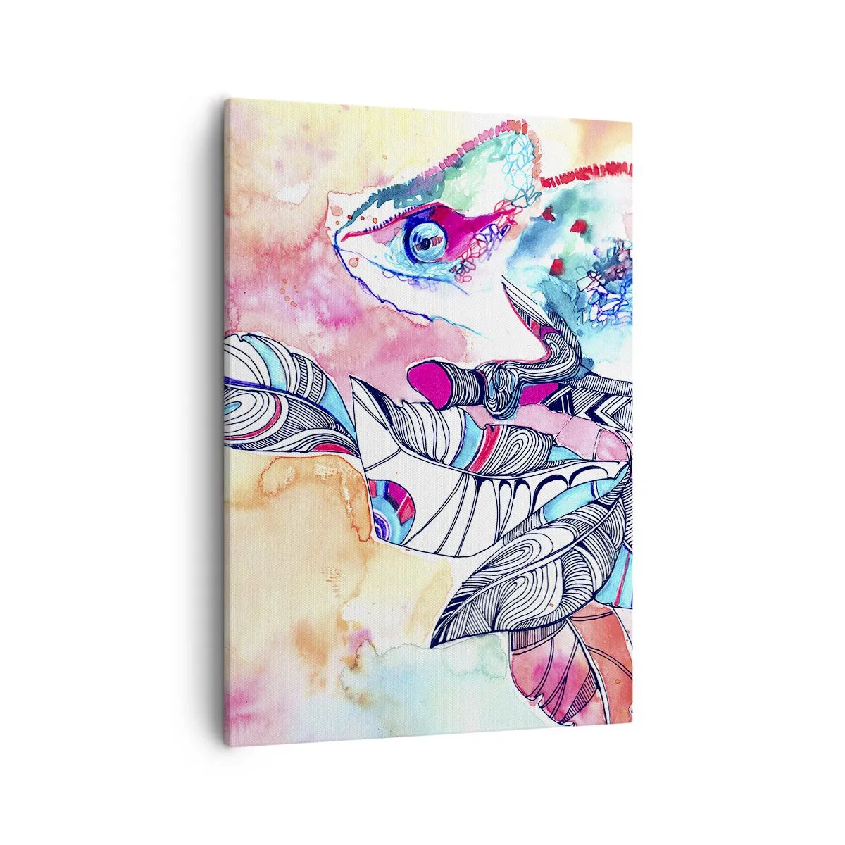 Cuadro sobre lienzo - Impresión de Imagen - Camaleón colorido sobre fondo de hojas abstractas - 50x70cm - Colorido como nuestro mundo - Decoración de pared moderna para salón y dormitorio ARTTOR
