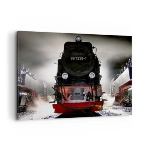 Cuadro sobre lienzo - Impresión de Imagen - Una locomotora de vapor rodeada de vapor contra un cielo oscuro en un entorno atmosférico. - 120x80cm - De pie, jadeando y soplando - Decoración de pared moderna para salón y dormitorio ARTTOR