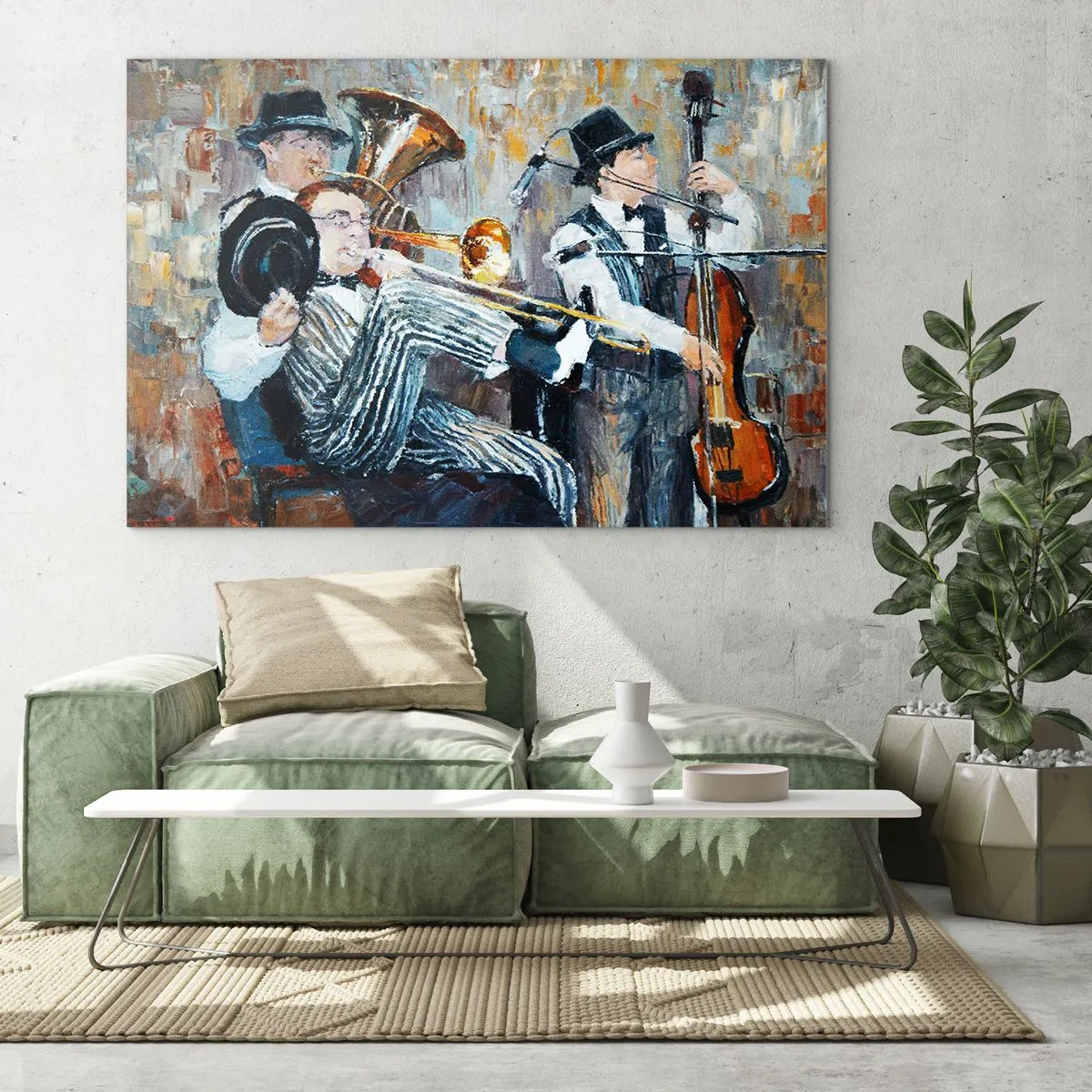 Cuadro sobre vidrio - Impresiones sobre Vidrio - Una banda de jazz en una escena impresionista atmosférica. - 120x80cm - Todo ese jazz - Decoración de pared moderna para salón y dormitorio ARTTOR