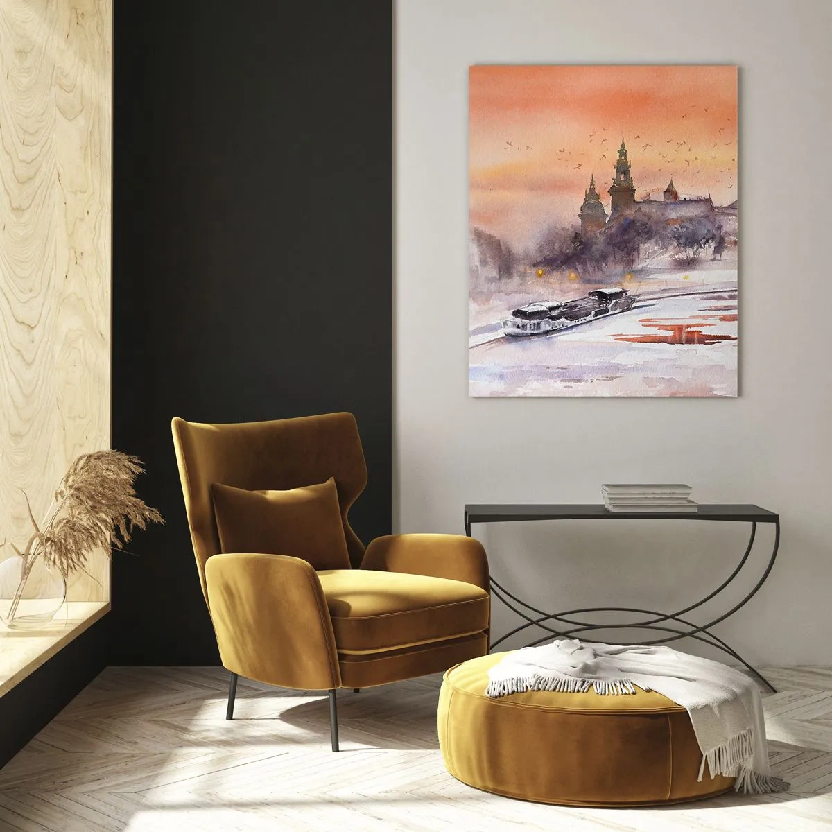 Cuadro sobre vidrio - Impresiones sobre Vidrio - Puesta de sol sobre el castillo real y el río en invierno - 50x70cm - Atardecer real - Decoración de pared moderna para salón y dormitorio ARTTOR