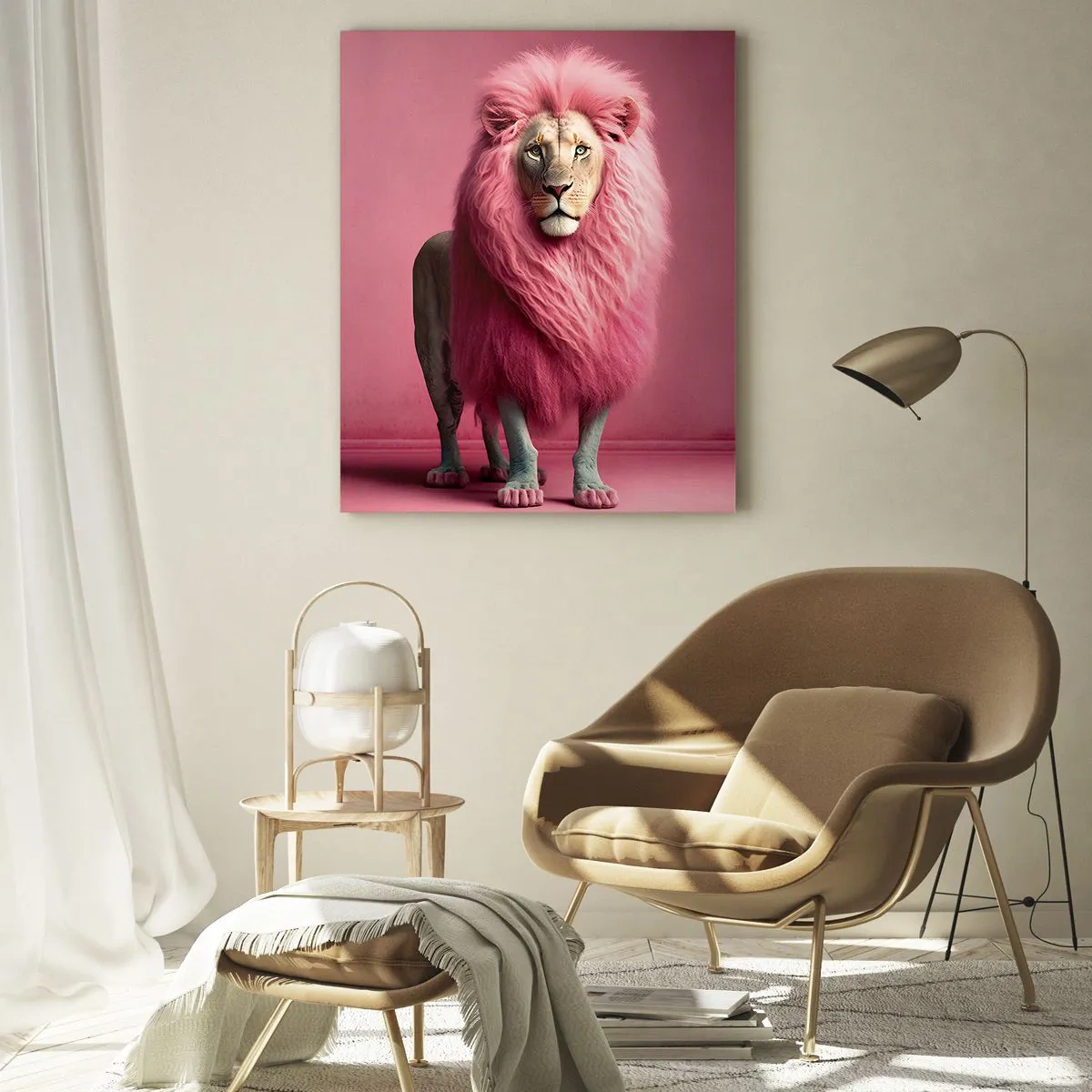 Cuadro sobre vidrio - Impresiones sobre Vidrio - Un león artísticamente representado con una melena rosa sobre un fondo rosa. - 80x120cm - Y ya no me tienes miedo - Decoración de pared moderna para salón y dormitorio ARTTOR