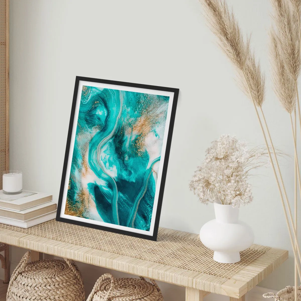 Póster en marco negro - Una composición abstracta en tonos turquesa y dorado. - 50x70cm - Río de oro - Decoración de pared moderna para salón y dormitorio ARTTOR