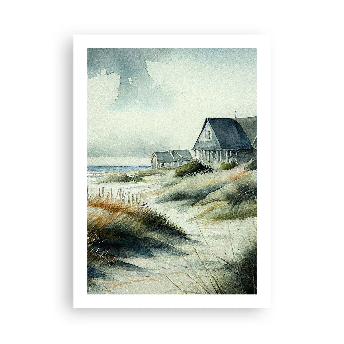 Póster - Casa de playa de acuarela con vista al mar - 50x70cm - Lejos del bullicio - Decoración de pared moderna para salón y dormitorio ARTTOR