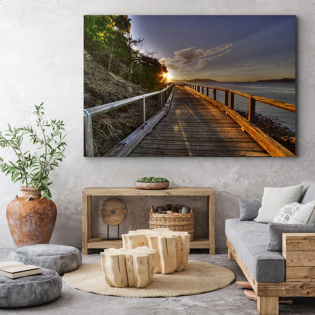 Cuadro sobre lienzo - Impresión de Imagen - Un embarcadero de madera conduce hacia la puesta de sol sobre el agua. - 70x50cm - Camina, sigue caminando hacia el sol - Decoración de pared moderna para salón y dormitorio ARTTOR