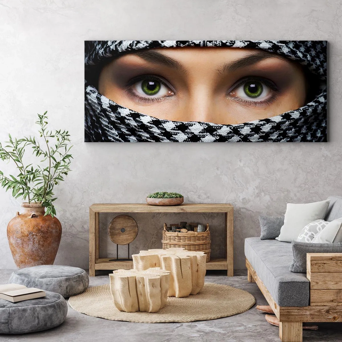 Cuadro sobre lienzo - Impresión de Imagen - Los ojos verdes de una mujer están ocultos tras una tela estampada en blanco y negro. - 120x50cm - Hermosa mirada de ojos verdes - Decoración de pared moderna para salón y dormitorio ARTTOR
