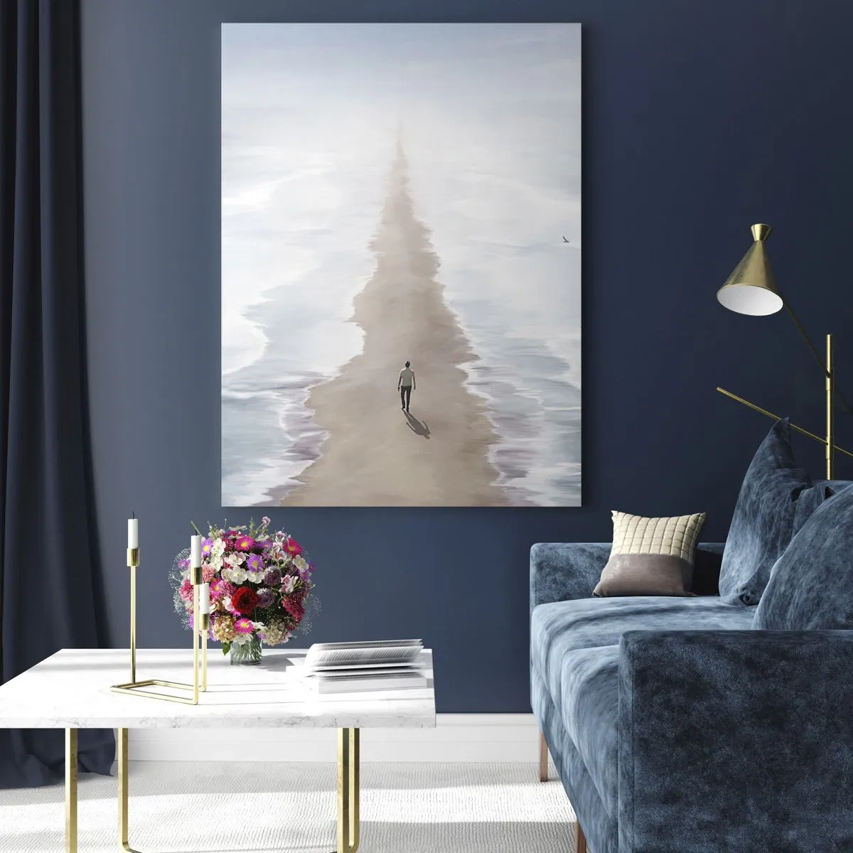 Cuadro sobre vidrio - Impresiones sobre Vidrio - Una figura caminando sola hacia el horizonte entre las olas. - 50x70cm - Un futuro brillante - Decoración de pared moderna para salón y dormitorio ARTTOR