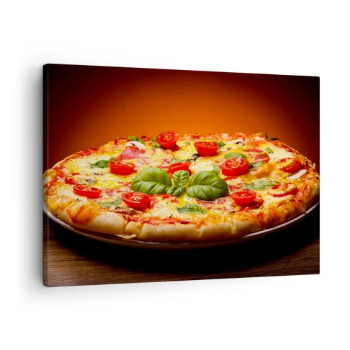 Cuadro sobre lienzo - Impresión de Imagen - Pizza con tomates y albahaca sobre una mesa de madera. - 70x50cm - ¡Mamma mia! - Decoración de pared moderna para salón y dormitorio ARTTOR