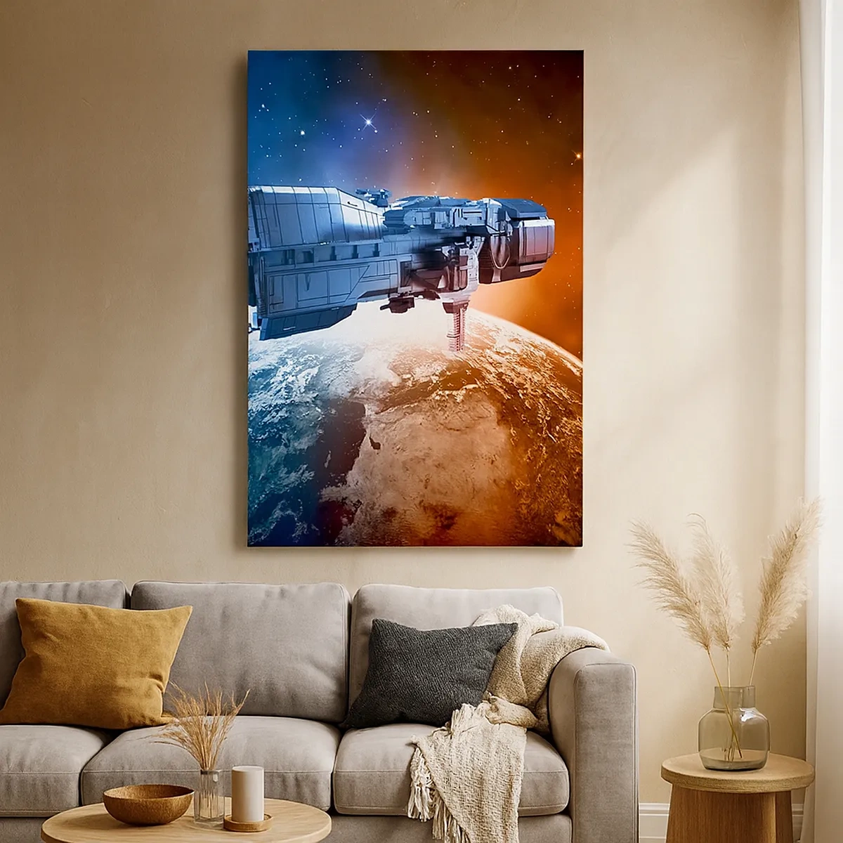 Cuadro sobre lienzo - Impresión de Imagen - Una nave espacial con un planeta en el espacio como telón de fondo. - 50x70cm - Un observador atento - Decoración de pared moderna para salón y dormitorio ARTTOR