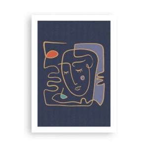 Póster - Rostro abstracto minimalista sobre un fondo azul marino en estilo de arte lineal. - 50x70cm - En un maravilloso sueño - Decoración de pared moderna para salón y dormitorio ARTTOR