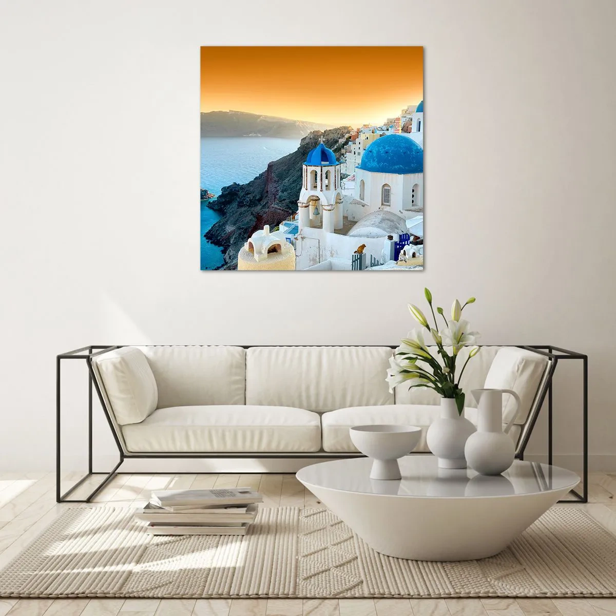 Cuadro sobre vidrio - Impresiones sobre Vidrio - Santorini - el abrazo a las rocas - 70x70 cm