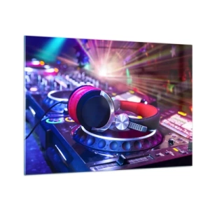 Cuadro sobre vidrio - Impresiones sobre Vidrio - Equipo de DJ con luces de colores y auriculares. - 100x70cm - Empieza la fiesta - Decoración de pared moderna para salón y dormitorio ARTTOR