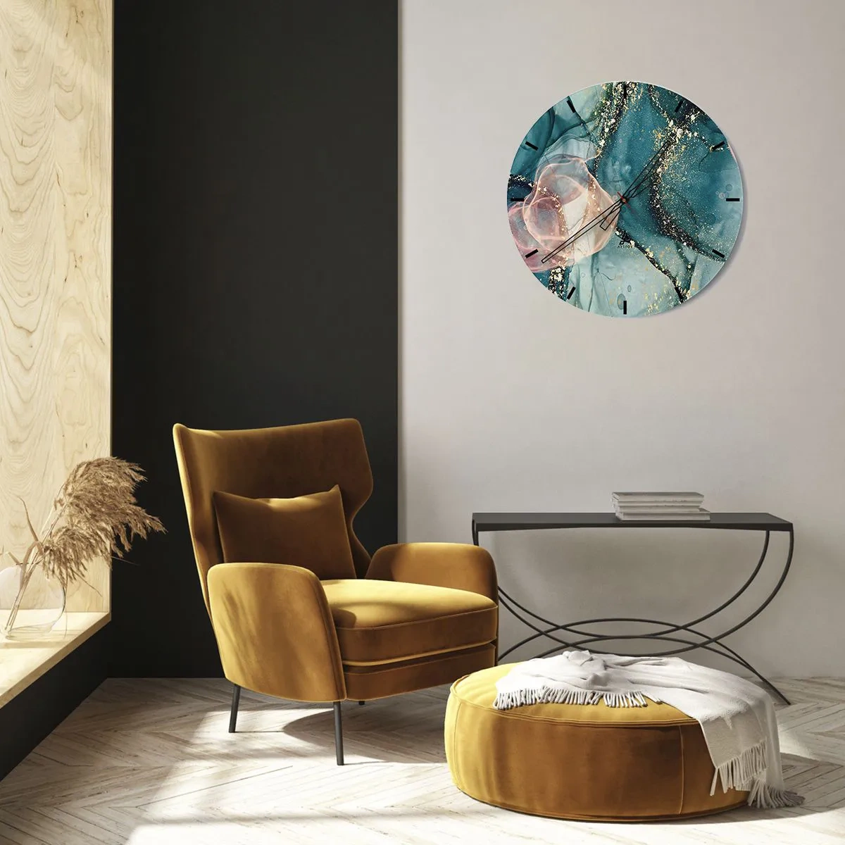 Reloj de pared - Reloj de vidrio - Salpicaduras artísticas de color en tonos turquesa y rosa con acentos dorados. - 30x30cm - Seda azul, tul rosa - Decoración de pared moderna para salón, cocina y dormitorio ARTTOR