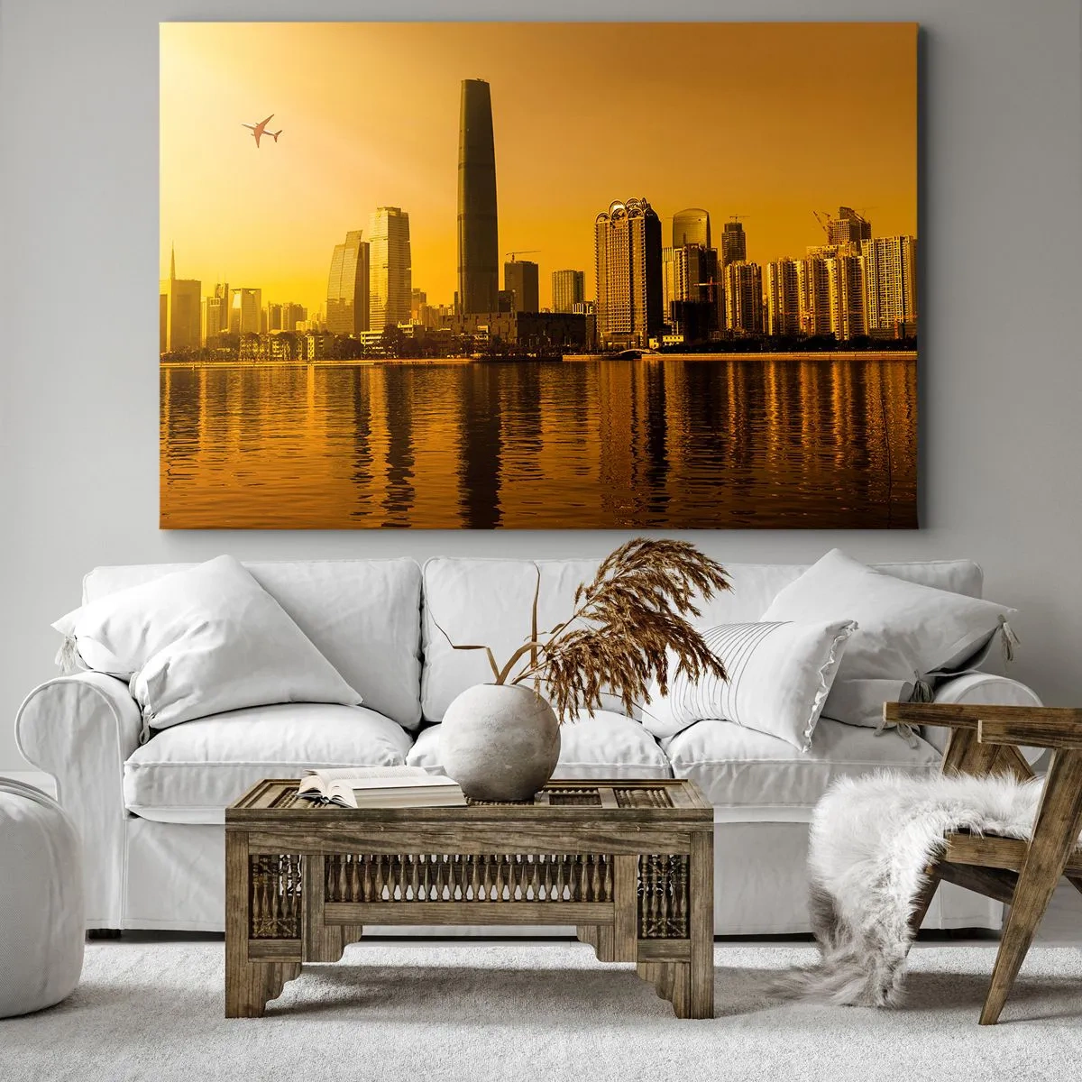 Cuadro sobre lienzo - Impresión de Imagen - Panorama de la ciudad al atardecer con rascacielos y un avión. - 120x80cm - La ciudad dorada - Decoración de pared moderna para salón y dormitorio ARTTOR